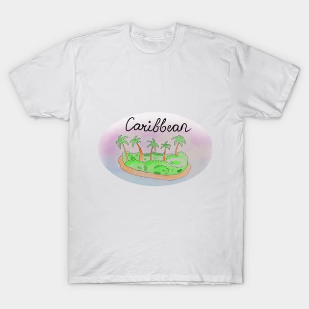 Caribbean watercolor Island travel, beach, sea and palm trees. Holidays and vacation, summer and relaxation T-Shirt by grafinya